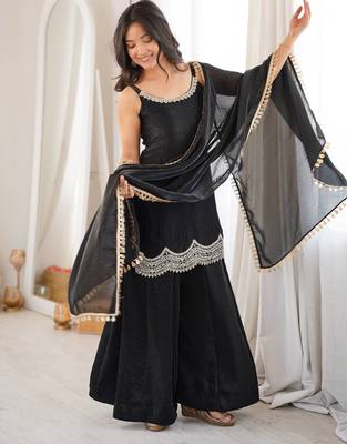 Black coding & mirror work fendy silk kurta palazzo set 1