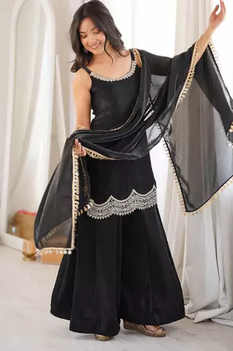 Black coding & mirror work fendy silk kurta palazzo set