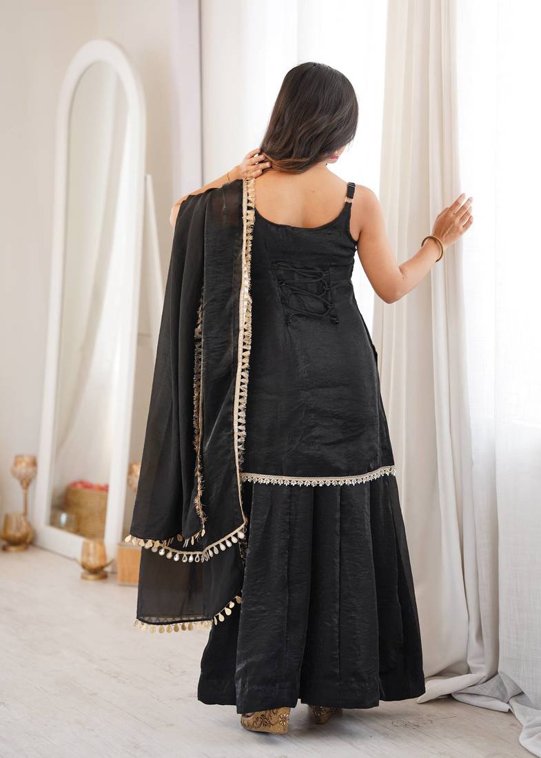Black coding & mirror work fendy silk kurta palazzo set
