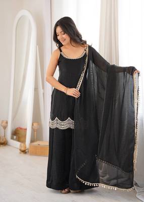 Black coding & mirror work fendy silk kurta palazzo set 3
