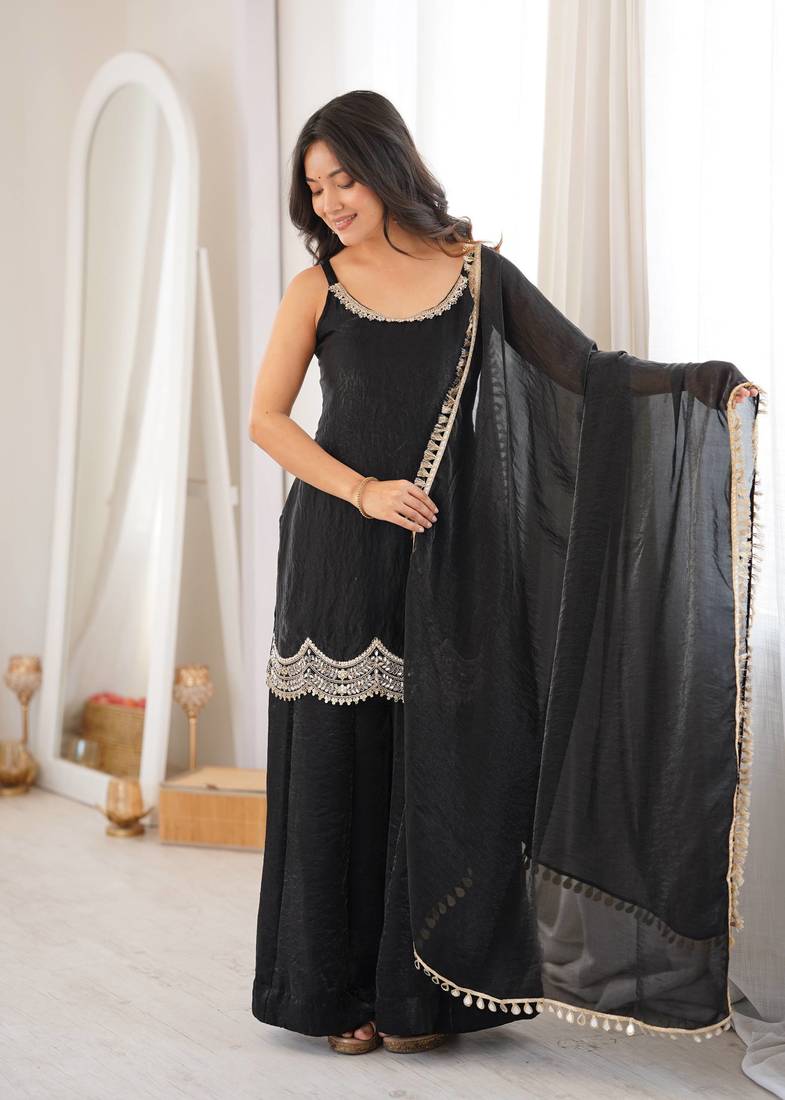 Black coding & mirror work fendy silk kurta palazzo set