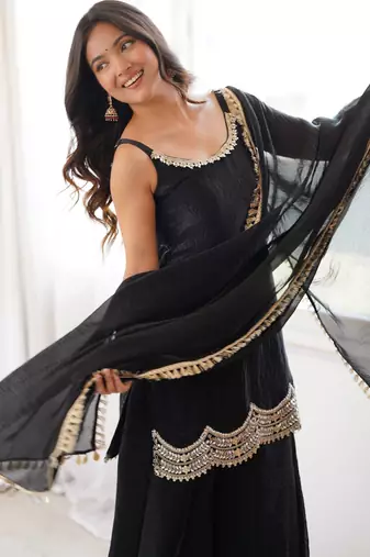 Black coding & mirror work fendy silk kurta palazzo set