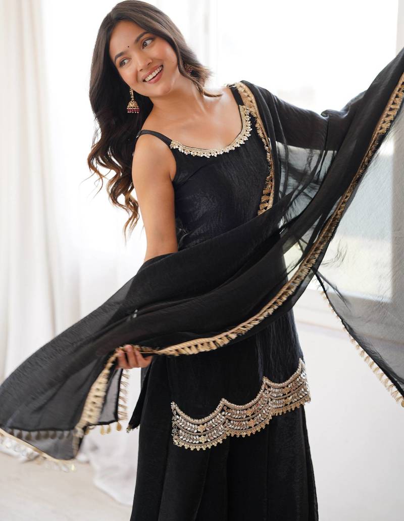 Black coding & mirror work fendy silk kurta palazzo set
