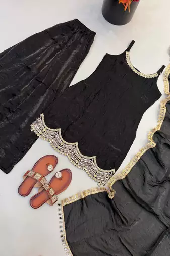 Black coding & mirror work fendy silk kurta palazzo set