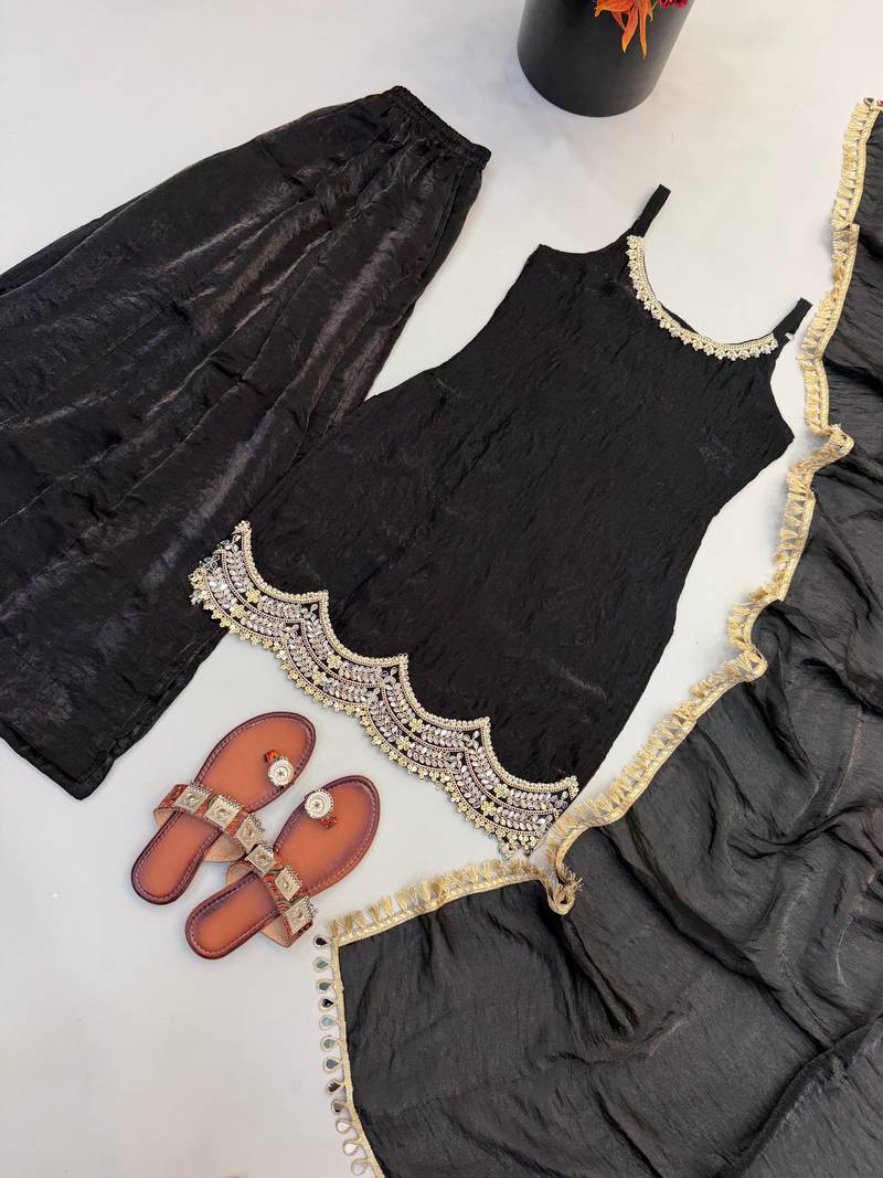 Black coding & mirror work fendy silk kurta palazzo set