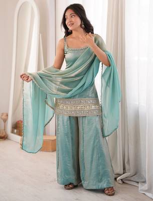 Sky blue sequins & mirror work crush silk kurta palazzo set 1