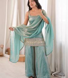 Sky blue sequins & mirror work crush silk kurta palazzo set