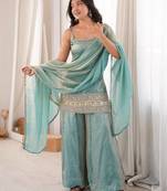 Sky blue sequins & mirror work crush silk kurta palazzo set