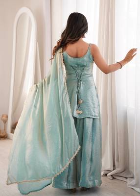 Sky blue sequins & mirror work crush silk kurta palazzo set 2