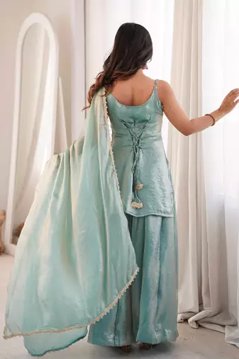 Sky blue sequins & mirror work crush silk kurta palazzo set