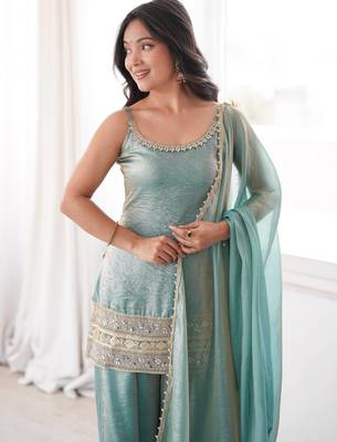 Sky blue sequins & mirror work crush silk kurta palazzo set 4