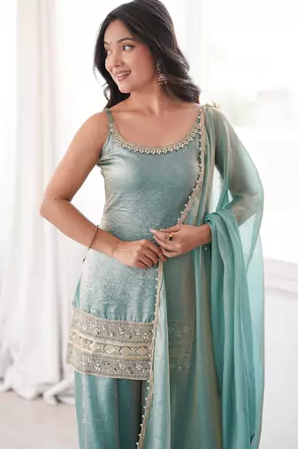 Sky blue sequins & mirror work crush silk kurta palazzo set