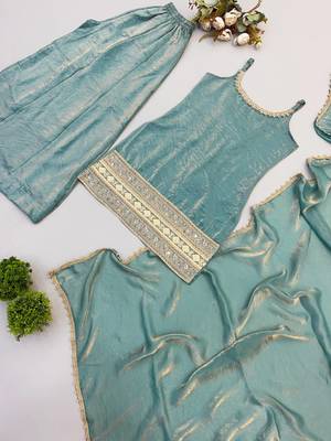 Sky blue sequins & mirror work crush silk kurta palazzo set 5