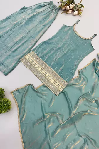 Sky blue sequins & mirror work crush silk kurta palazzo set
