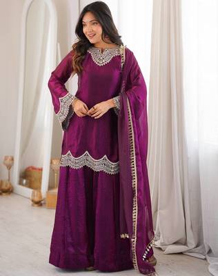 Purple coding & mirror work fendy silk kurta palazzo set 1