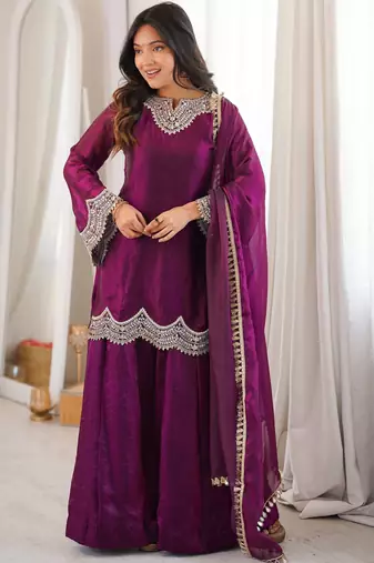 Purple coding & mirror work fendy silk kurta palazzo set