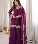 Purple coding & mirror work fendy silk kurta palazzo set