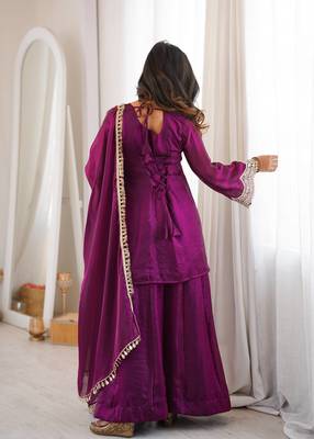 Purple coding & mirror work fendy silk kurta palazzo set 2