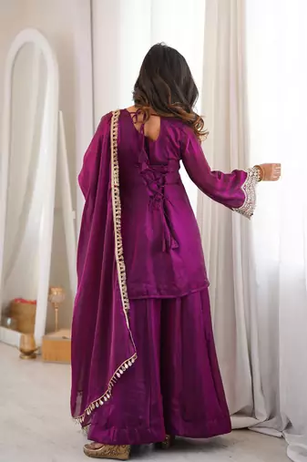 Purple coding & mirror work fendy silk kurta palazzo set