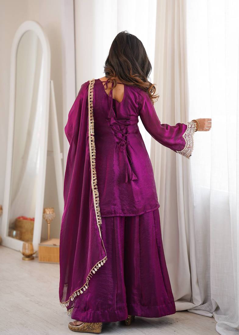 Purple coding & mirror work fendy silk kurta palazzo set