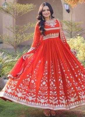 Orange sequins & zari embroidered georgette gown with dupatta 1