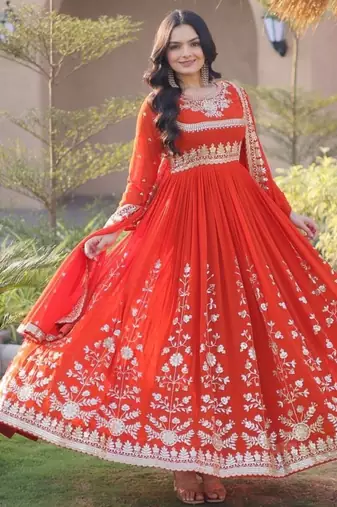 Orange sequins & zari embroidered georgette gown with dupatta