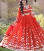 Orange sequins & zari embroidered georgette gown with dupatta