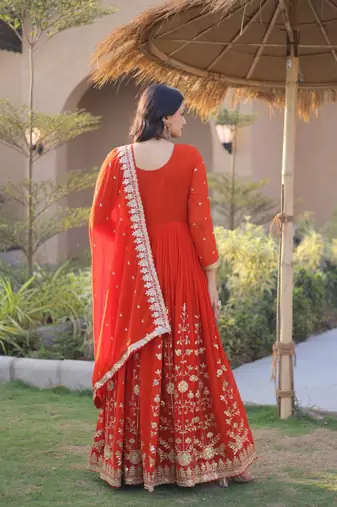Orange sequins & zari embroidered georgette gown with dupatta