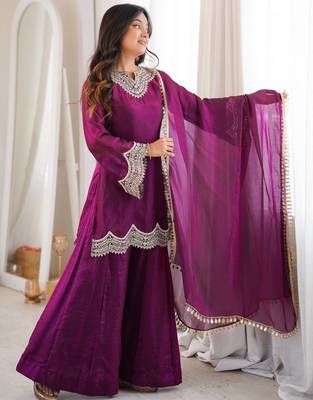 Purple coding & mirror work fendy silk kurta palazzo set 3