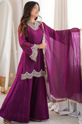 Purple coding & mirror work fendy silk kurta palazzo set