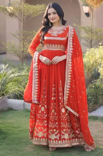 Orange sequins & zari embroidered georgette gown with dupatta