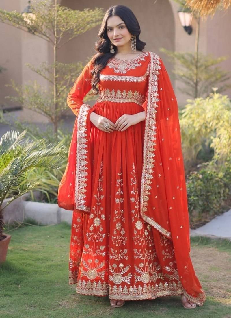 Orange sequins & zari embroidered georgette gown with dupatta