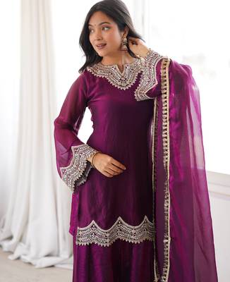 Purple coding & mirror work fendy silk kurta palazzo set 4