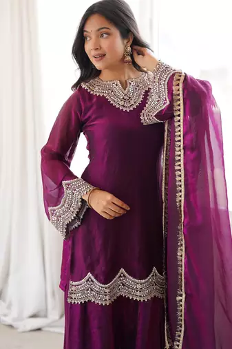 Purple coding & mirror work fendy silk kurta palazzo set
