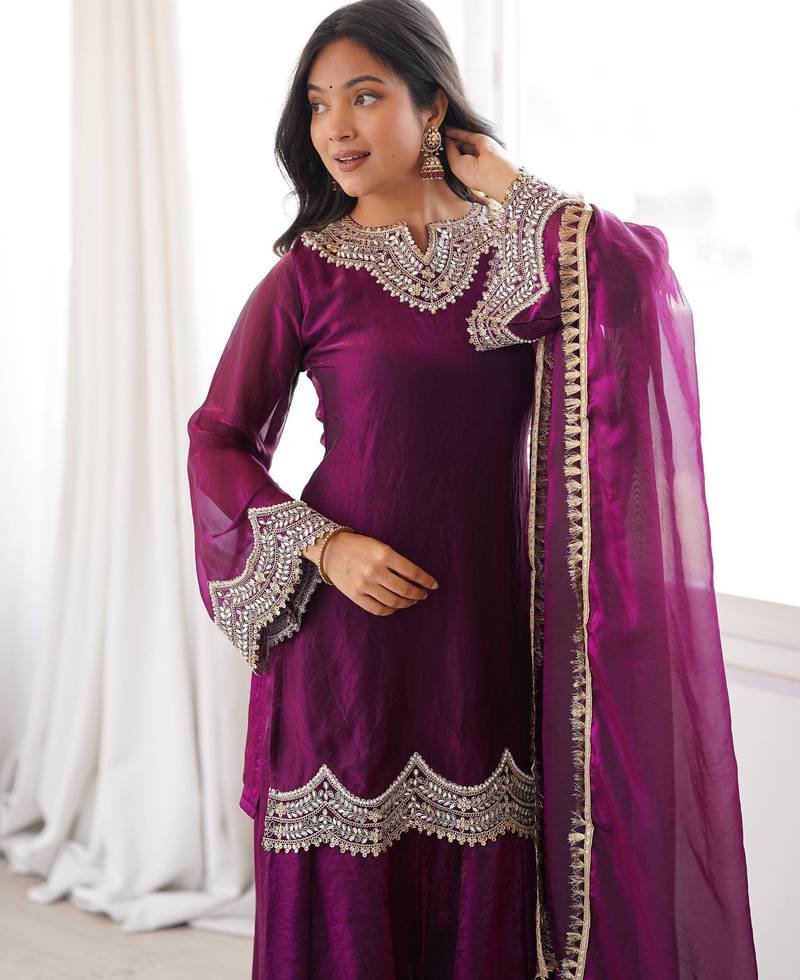 Purple coding & mirror work fendy silk kurta palazzo set