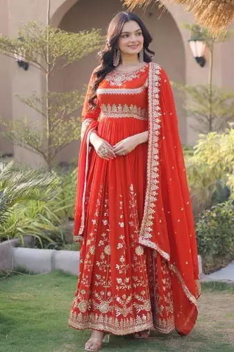 Orange sequins & zari embroidered georgette gown with dupatta