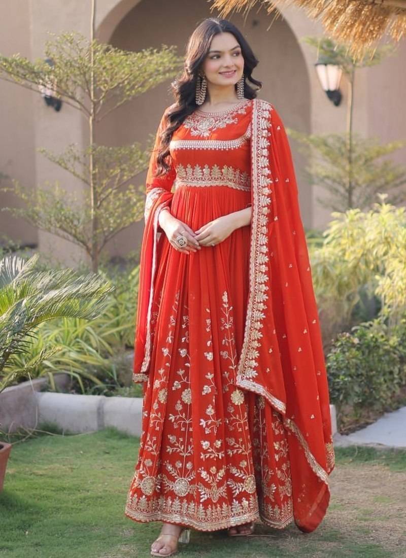 Orange sequins & zari embroidered georgette gown with dupatta