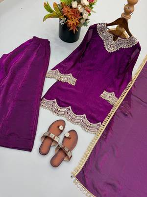 Purple coding & mirror work fendy silk kurta palazzo set 5