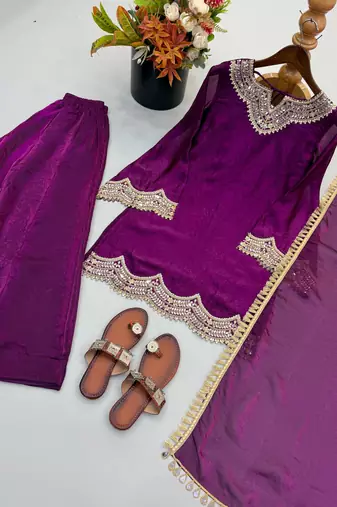 Purple coding & mirror work fendy silk kurta palazzo set