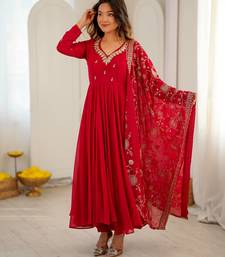 Red khatli & mirror work georgette gown set