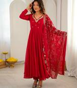Red khatli & mirror work georgette gown set