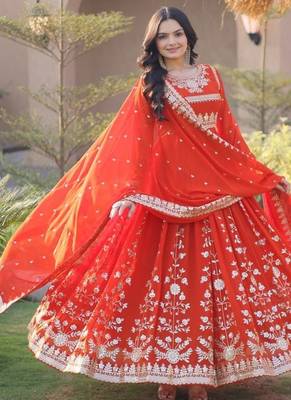 Orange sequins & zari embroidered georgette gown with dupatta 5