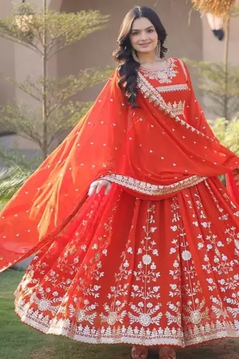 Orange sequins & zari embroidered georgette gown with dupatta