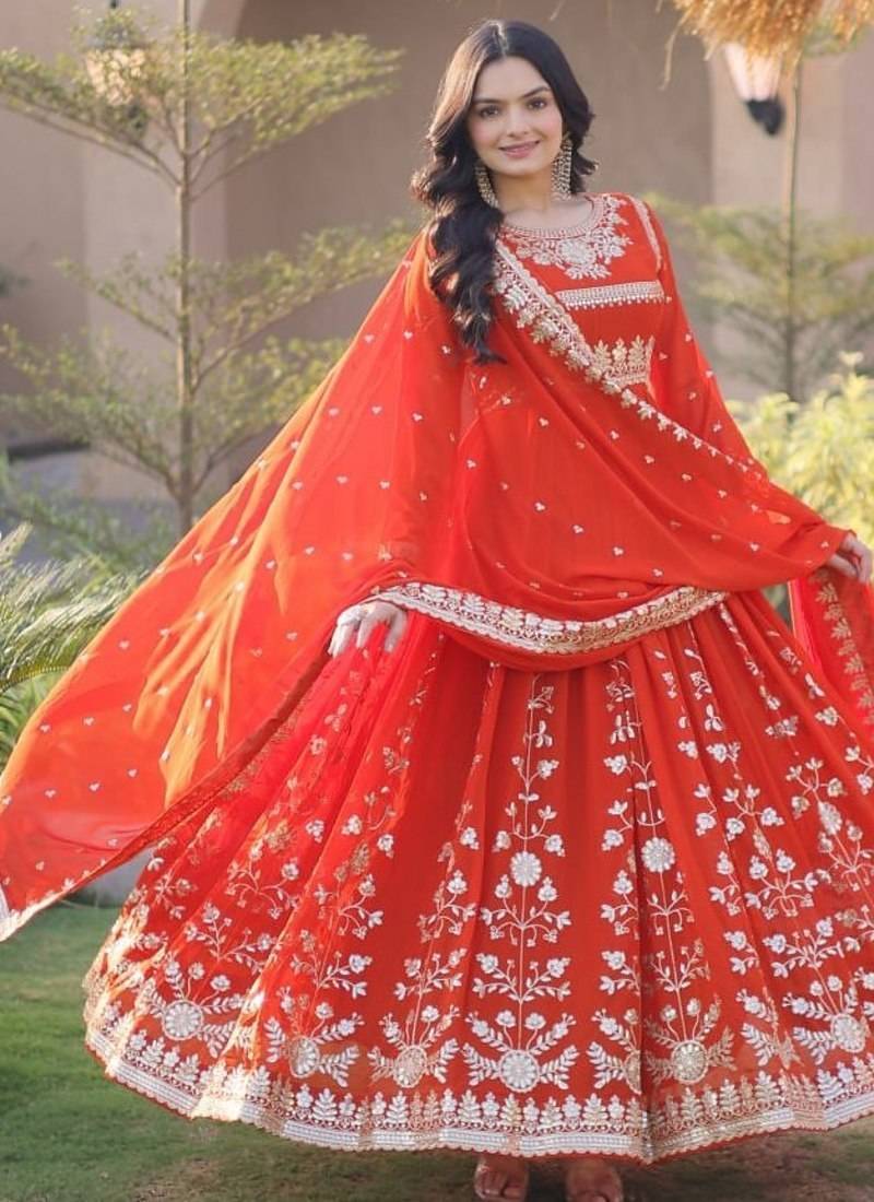 Orange sequins & zari embroidered georgette gown with dupatta