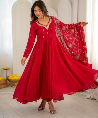 Red khatli & mirror work georgette gown set 2