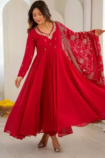 Red khatli & mirror work georgette gown set