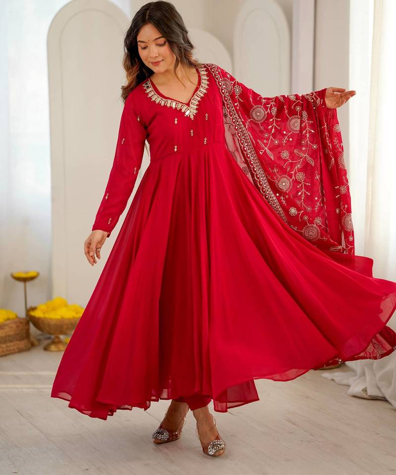Red khatli & mirror work georgette gown set
