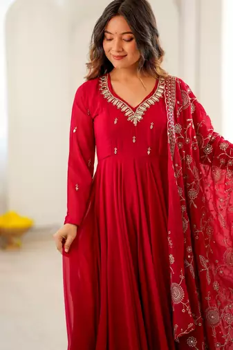 Red khatli & mirror work georgette gown set