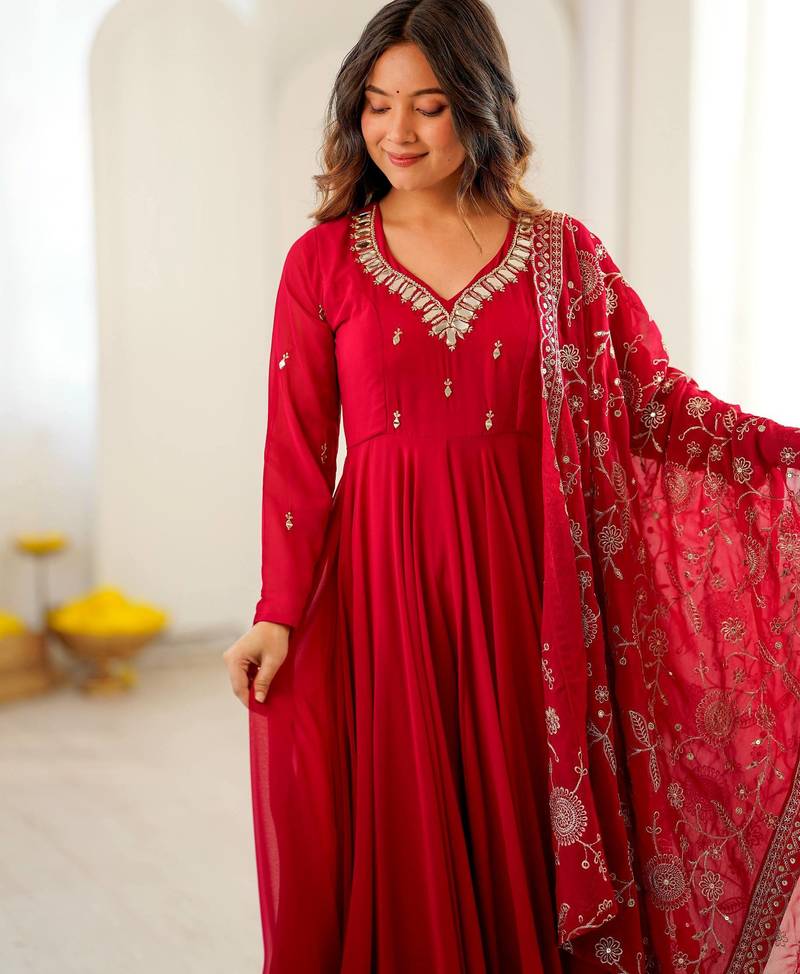 Red khatli & mirror work georgette gown set