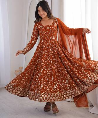 Orange heavy embroidered georgette anarkali set 1
